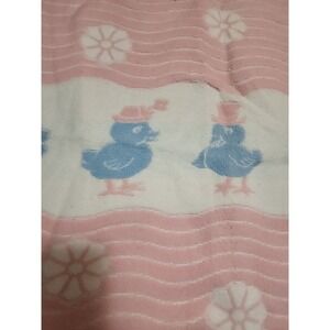 Vintage 1950's Esmond blue PINK Satin Trim BABY‎ Blanket chickens chicks Ducks